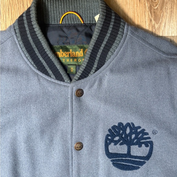 Vintage Timberland Navy and Gray Wool Leather Varsity Jacket - Picture 2 of 4